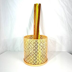 Vintage orange Metal Basket Cutout Vase Decorative Openwork Geometric Design MCM